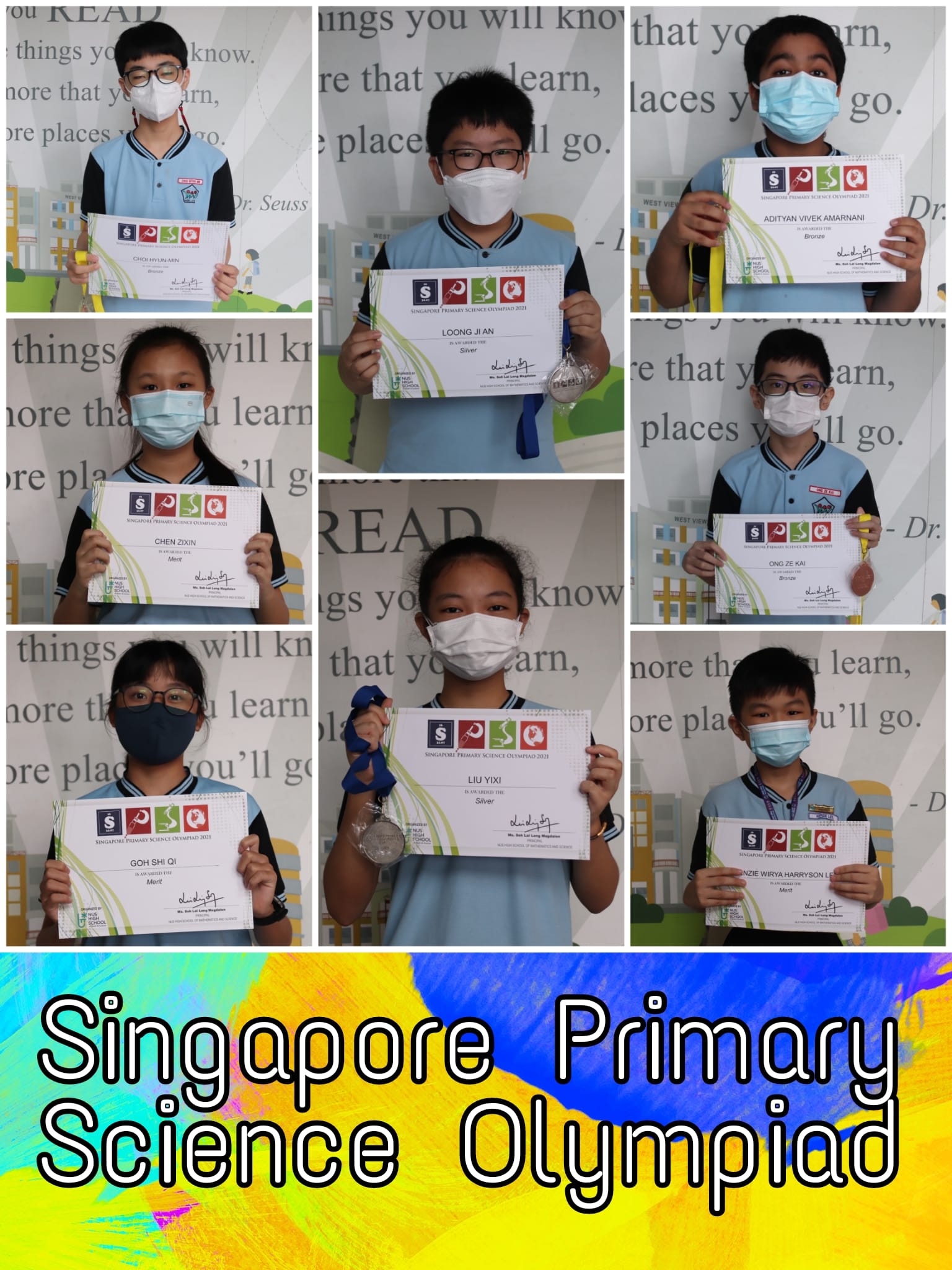 Seven masked students hold Singapore Primary Science Olympiad certificates and medals in a collage.